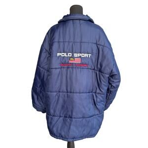 Mens Vintage Polo Ralph Lauren puffer coat - navy - embroidered back - size XL